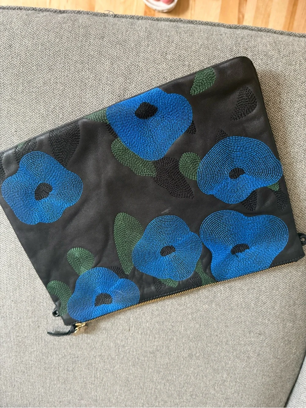 Black Leather Clutch with Blue Floral Beading
